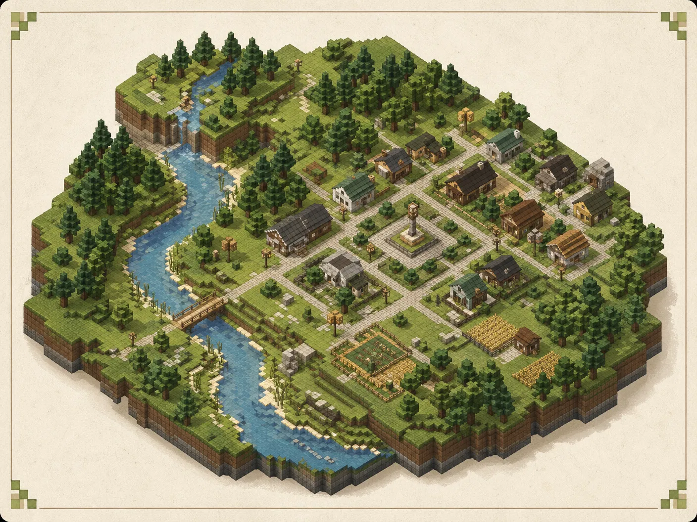 Village forestier inspiré de Minecraft pour le Projet Angus